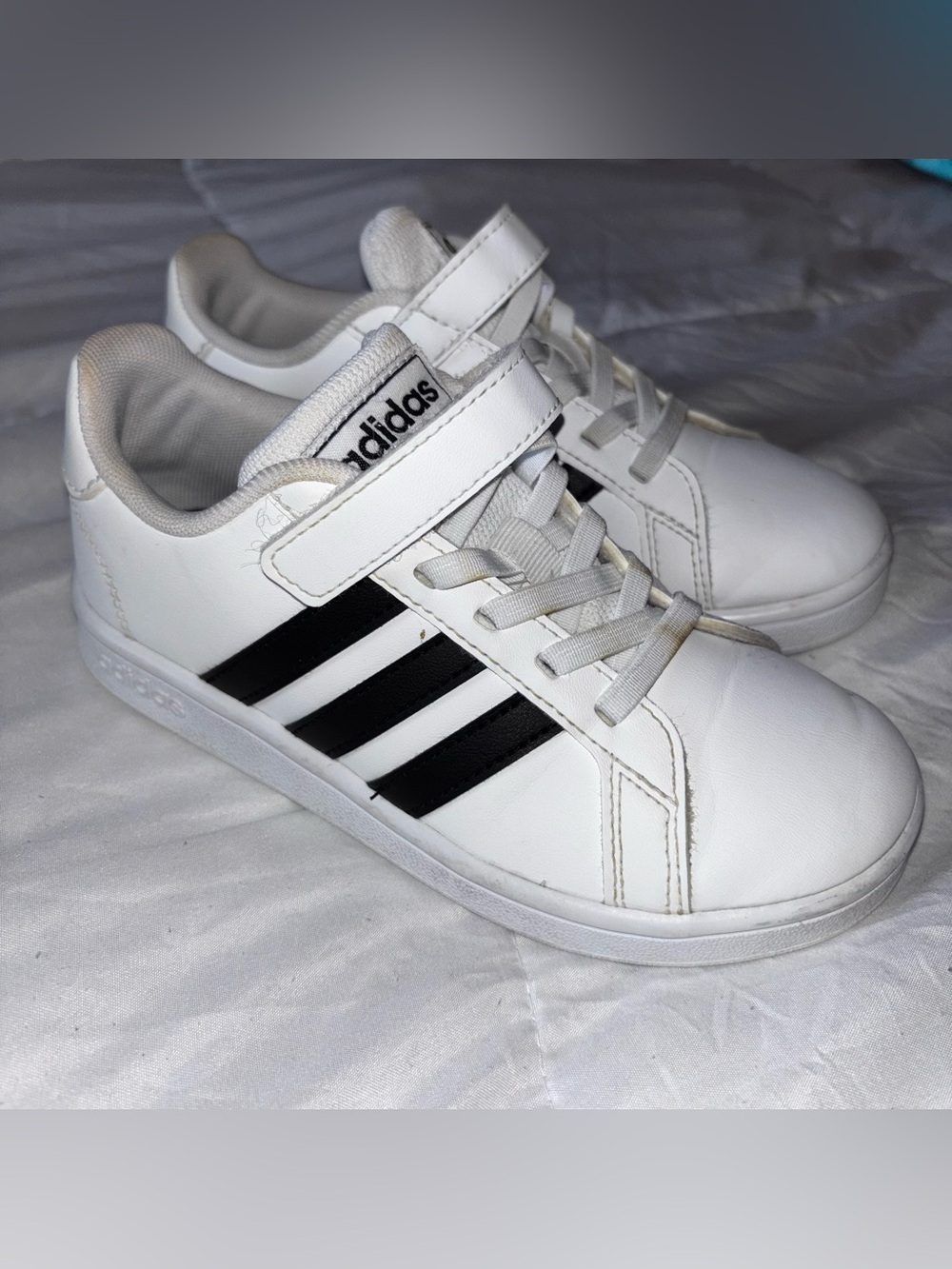 Adidas Kids Grand Court White Sneakers with Black Stripes size 12